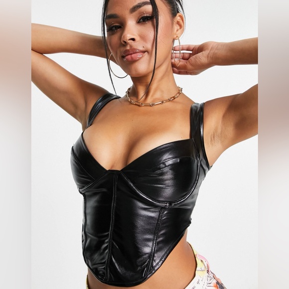 ASYOU Wet Look Corset Top in Black - Picture 2 of 6